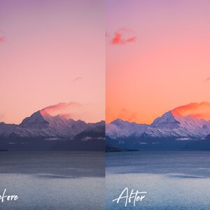 May include: A before and after image showing the difference in colour and contrast of a mountain range with a lake in the foreground. The before image has a muted pink sky and the after image has a vibrant orange sky.