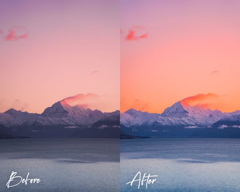 May include: A before and after image showing the difference in colour and contrast of a mountain range with a lake in the foreground. The before image has a muted pink sky and the after image has a vibrant orange sky.