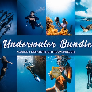 Op de afbeelding: Een collage van onderwater scènes met dolfijnen, duikers en zeeleven. De tekst "Underwater Bundle" wordt weergegeven met "Mobile & Desktop Lightroom Presets" eronder. De afbeeldingen tonen diverse onderwateromgevingen.