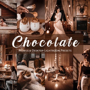 Peut inclure: Un ensemble de préréglages Lightroom appelés "Chocolate" pour mobile et ordinateur de bureau. Les préréglages sont conçus pour créer des images chaudes, riches et d'ambiance avec une palette de couleurs chocolat. Les images montrent des exemples de préréglages appliqués à diverses scènes, notamment un couple dans un salon confortable, une personne dégustant une boisson au café et une femme debout dans un couloir.