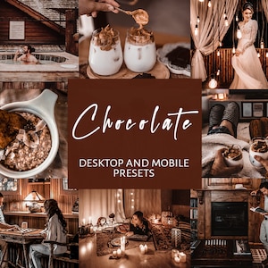 Könnte beinhalten: Eine Sammlung digitaler Foto-Presets namens "Chocolate" für Desktop- und mobile Geräte. Die Presets wurden entwickelt, um warme, satte und stimmungsvolle Töne in Fotos zu erzeugen. Das Bild zeigt eine Auswahl an Fotos, die mit den Presets bearbeitet wurden, darunter ein Paar in einer gemütlichen Hütte, eine Frau in einem weißen Kleid und eine Tasse Kaffee.