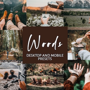 以下が含まれることがあります： 「Woods」と呼ばれるデスクトップおよびモバイルデバイス用のデジタルプリセットのコレクション。プリセットは、写真に暖かく、アースカラーで、自然な外観を与えるように設計されています。画像は、森、キャンプファイヤー、コーヒーカップを持った人など、さまざまなシーンを示しています。