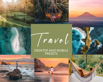 May include: A collage of travel photos featuring scenic landscapes, beaches, and people enjoying their vacations. The text "Travel" is displayed in a large font, along with the words "Desktop and Mobile Presets".