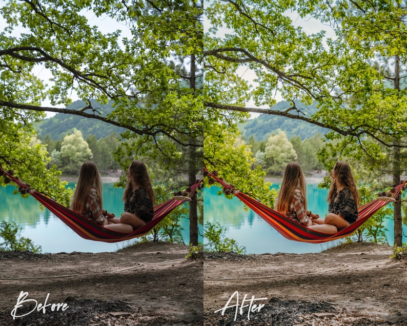 May include: Two people relax in a red and yellow hammock overlooking a turquoise lake. The hammock is strung between two trees. Lush green trees and mountains are in the background.