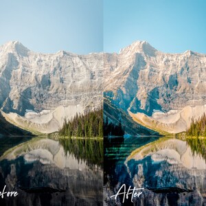 May include: A before and after photo of a mountain lake with snow-capped mountains in the background. The lake is calm and reflects the mountains. The photo on the left is a bit darker and the photo on the right is brighter and more vibrant.