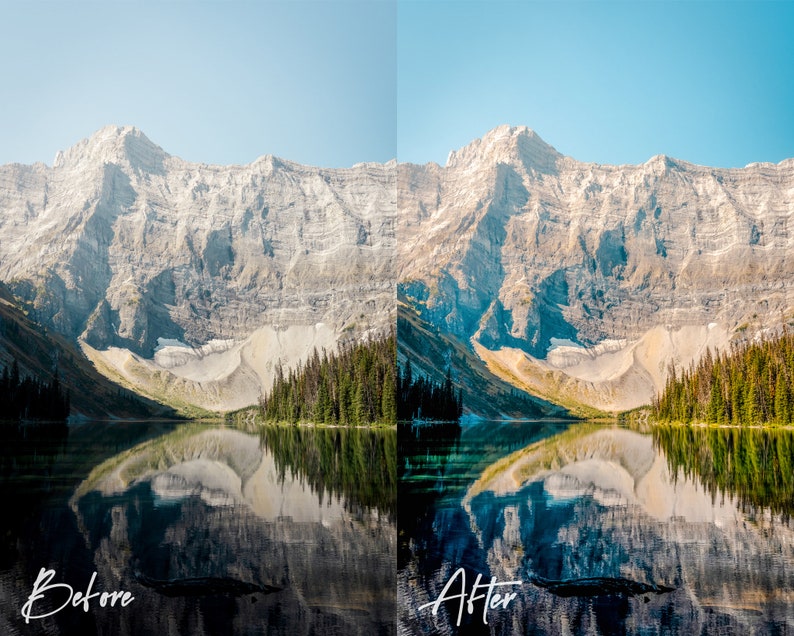 May include: A before and after photo of a mountain lake with snow-capped mountains in the background. The lake is calm and reflects the mountains. The photo on the left is a bit darker and the photo on the right is brighter and more vibrant.