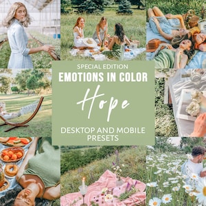 May include: A collection of digital presets for desktop and mobile devices called "Emotions in Color: Hope". The presets are designed to create a warm, hopeful, and vibrant look in photos. The image shows a variety of scenes, including people relaxing in a hammock, enjoying a picnic, and spending time in nature.