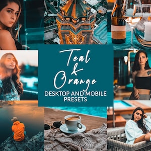 Könnte beinhalten: Teal and Orange Desktop- und Mobile-Presets. Eine Sammlung digitaler Filter zur Verbesserung von Fotos mit Teal- und Orangetönen.