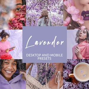 Puede incluir: Un collage de imágenes con flores de lavanda, una taza de café y personas con ropa morada. El texto "Lavender" y "Desktop and Mobile Presets" se muestra sobre un fondo morado.