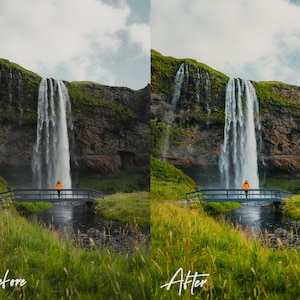 May include: A person standing on a wooden bridge over a river with a waterfall in the background. The waterfall is cascading down a rocky cliff face. The scene is surrounded by lush green grass.