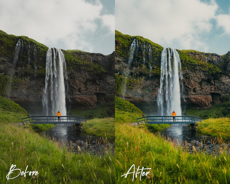 May include: A person standing on a wooden bridge over a river with a waterfall in the background. The waterfall is cascading down a rocky cliff face. The scene is surrounded by lush green grass.