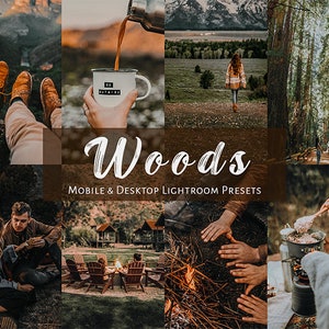 May include: A collage of images showcasing the beauty of nature, featuring a forest, a mountain range, a campfire, and people enjoying the outdoors. The text "Woods" and "Mobile & Desktop Lightroom Presets" is displayed on a brown background.