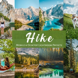 May include: A collage of photos showcasing the beauty of nature, featuring mountains, lakes, forests, and a dog. The text "Hike Mobile & Desktop Lightroom Presets" is displayed in the center of the image.