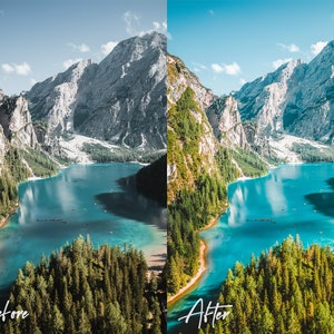 May include: A before and after image showing the difference in colour grading. The before image shows a mountain lake with a blue-green colour. The after image shows the same lake with a more vibrant blue colour. The mountains in the background are snow-capped.