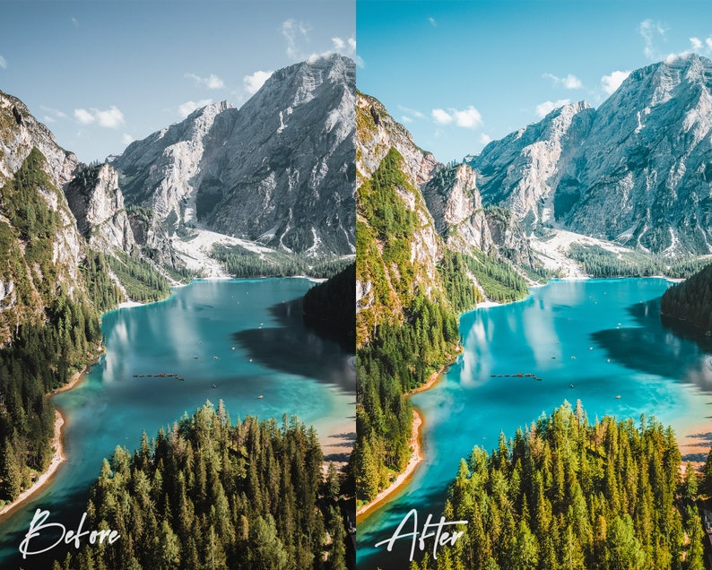 May include: A before and after image showing the difference in colour grading. The before image shows a mountain lake with a blue-green colour. The after image shows the same lake with a more vibrant blue colour. The mountains in the background are snow-capped.