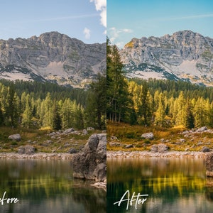 May include: A before and after image showing the difference in colour and contrast of a mountain lake scene. The before image is a bit dull and washed out, while the after image is more vibrant and colourful. The lake is surrounded by trees and mountains.