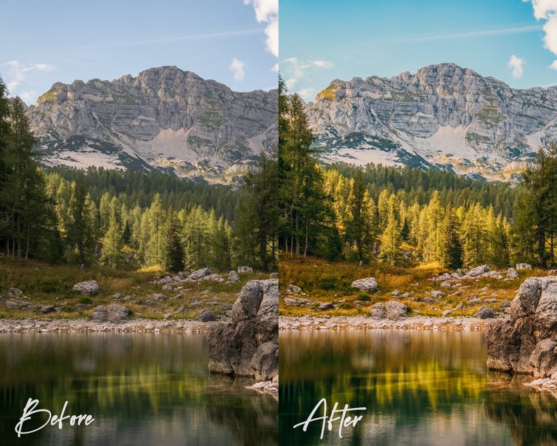 May include: A before and after image showing the difference in colour and contrast of a mountain lake scene. The before image is a bit dull and washed out, while the after image is more vibrant and colourful. The lake is surrounded by trees and mountains.