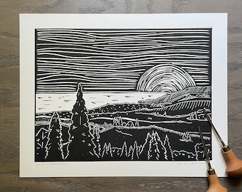 Dunes at Pictured Rocks - Original Linocut Print | Michigan Art | Upper Peninsula