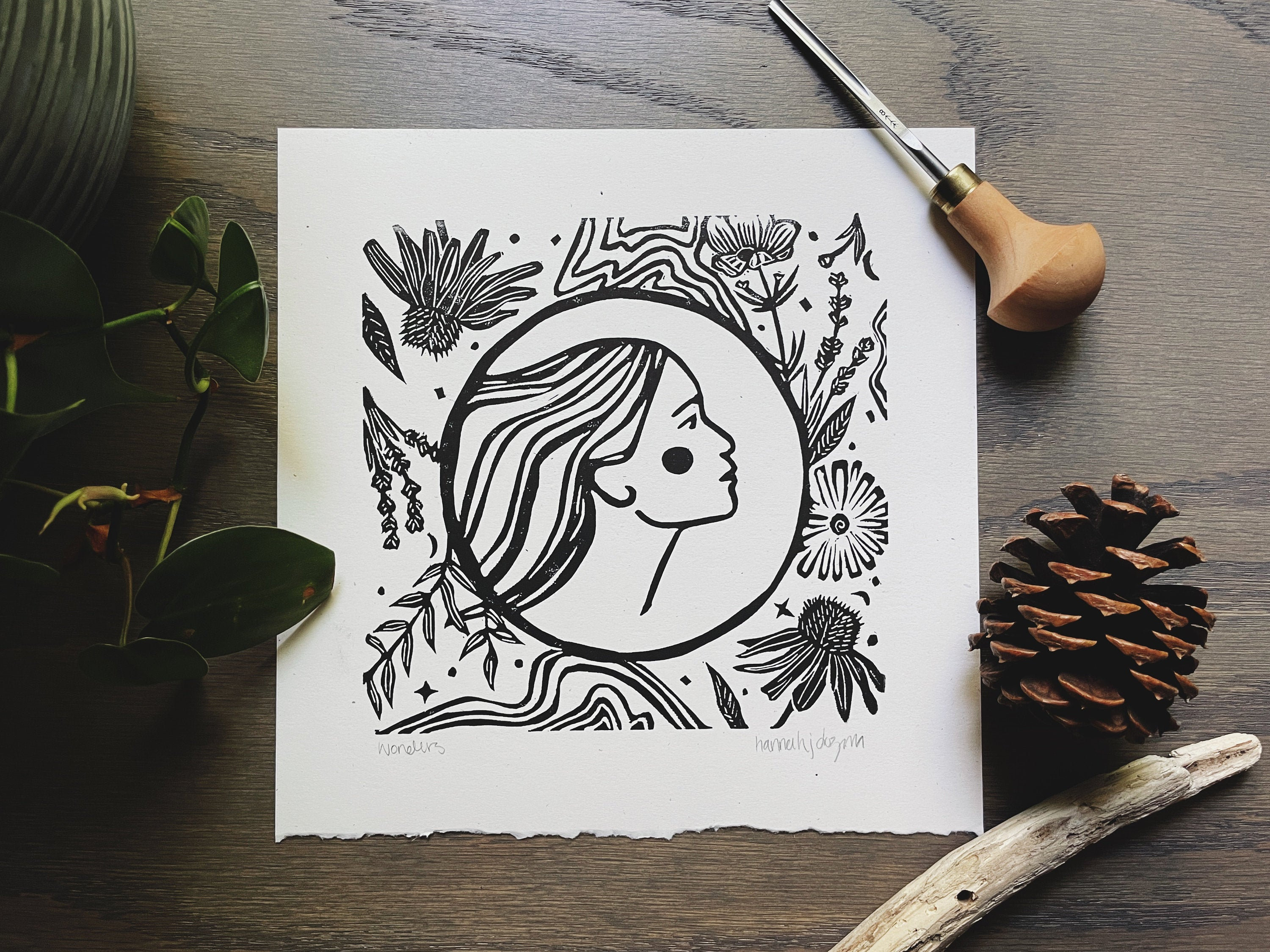 Wonder Linocut Print: Nature Girl Portrait, Handmade Art - Etsy