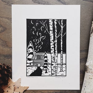 Winter Cabin | Snowy Cabin | Original Linocut Block Print
