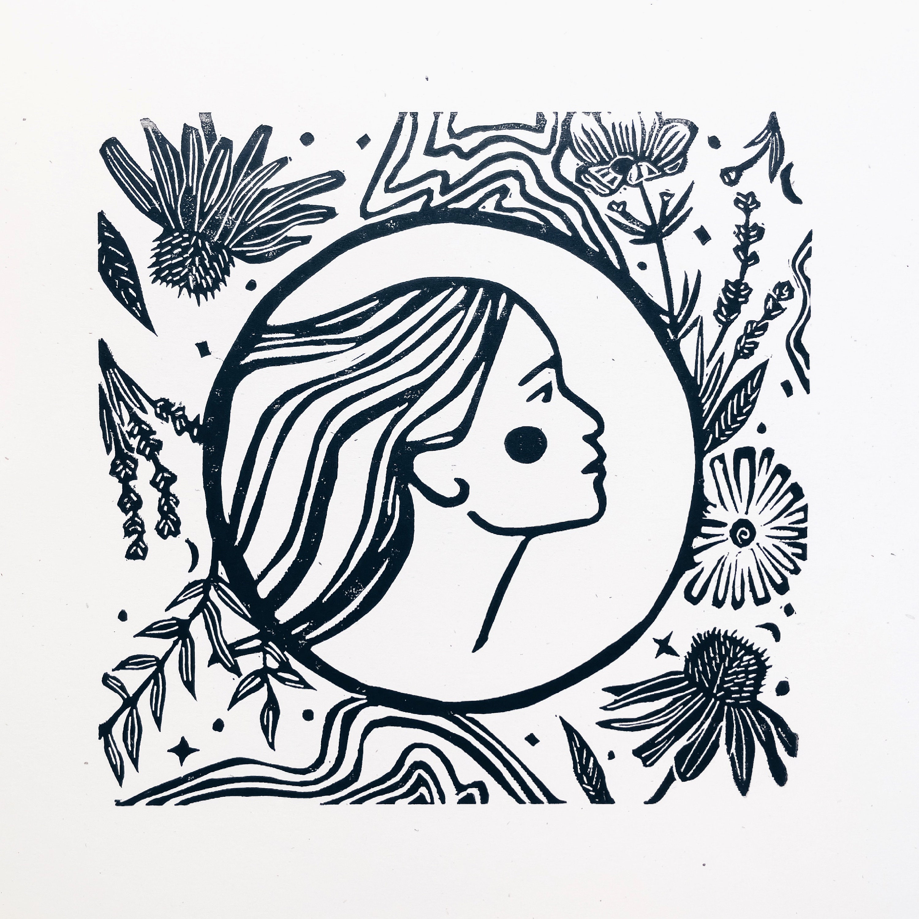 Wonder Linocut Print: Nature Girl Portrait, Handmade Art - Etsy