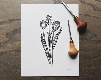 Minimal Tulip Print | Hand Carved Linocut Print