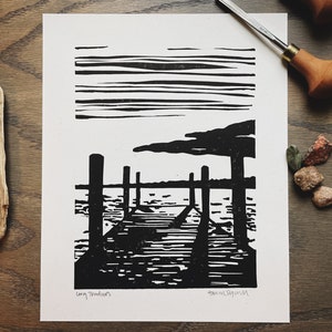 Long Shadows | Lakeside Dock Linocut Print | Minimalist Sunset Dock Block Print