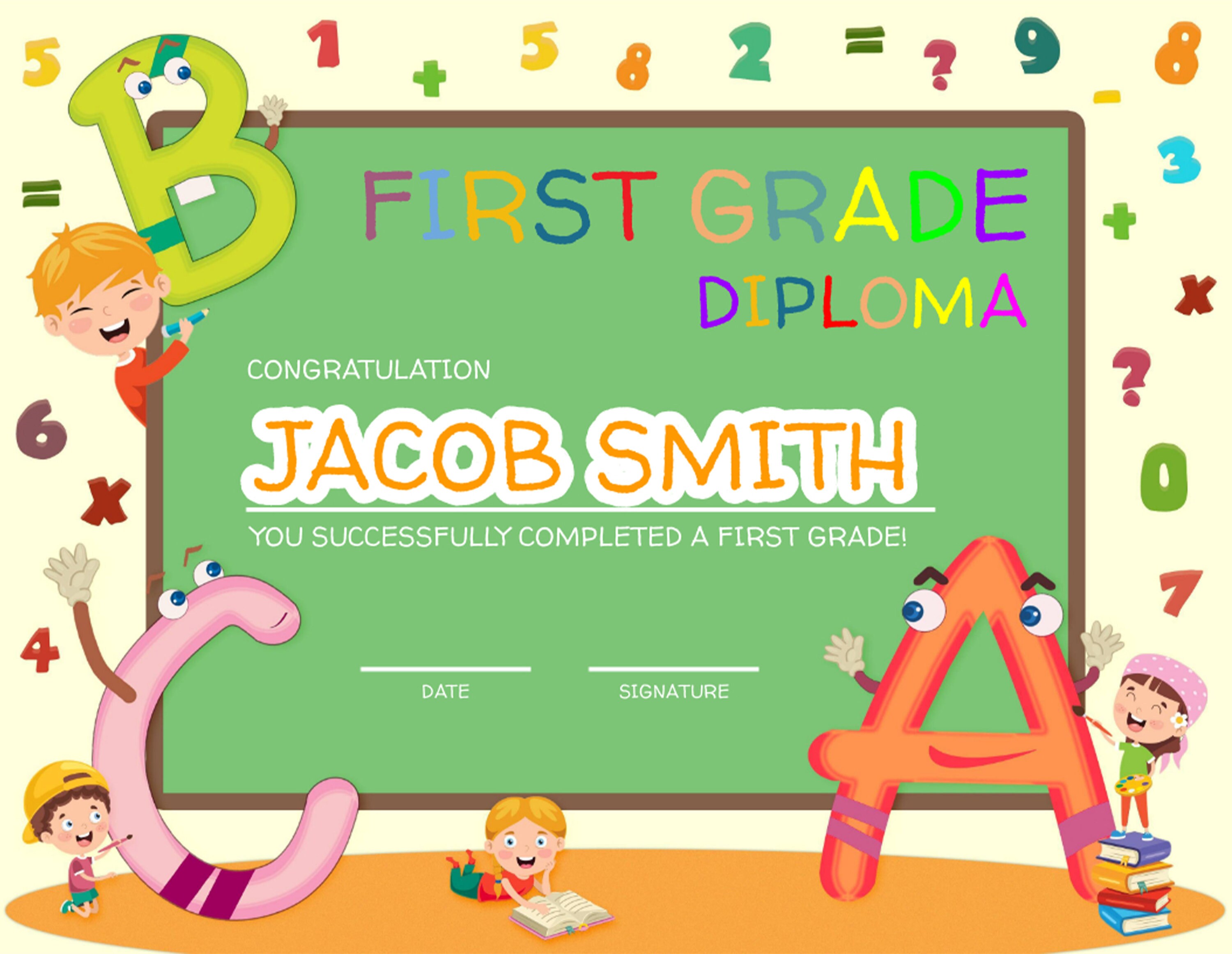 Online editable First grade graduation certificate / Diploma Template ,  Primary school, Instant Download With Regard To 5Th Grade Graduation Certificate Template