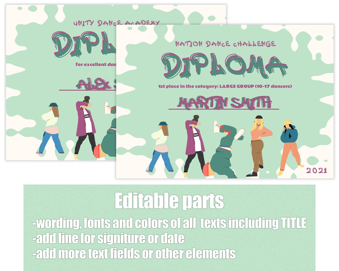 Online Editable Dance Diploma / Certificate Template, Instant Download ...