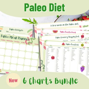 Paleo diet Meal Planner & List of foods -  4 Charts Bundle