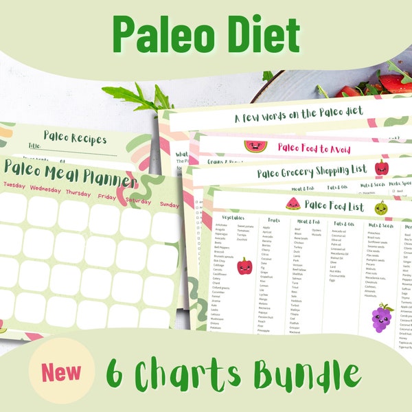 Paleo diet Meal Planner & List of foods -  4 Charts Bundle