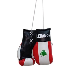 Könnte beinhalten: Ein Paar schwarze Boxhandschuhe mit roten und weißen Streifen. Der rechte Handschuh trägt die libanesische Flagge und das Wort "LEBANON" ist darauf gedruckt.