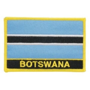 May include: A blue, black, and white embroidered patch with the word "BOTSWANA" in yellow lettering.