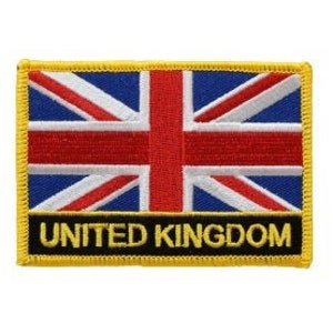 May include: A yellow embroidered patch with the Union Jack flag and the text "UNITED KINGDOM" in black.