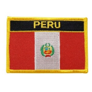 May include: A yellow, black, and red embroidered patch with the word "PERU" and the Peruvian flag.