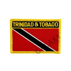 May include: A red, white, and black embroidered patch with the text "TRINIDAD & TOBAGO" in black lettering. The patch has a yellow border.