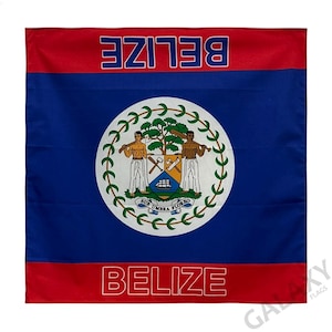 Könnte beinhalten: Eine Flagge von Belize mit einem roten, blauen und weißen Design. Die Flagge zeigt das nationale Wappen, das einen Baum, zwei Männer und die Worte "Sub Umbra Floreo" enthält. Die Flagge trägt auch das Wort "BELIZE" in Weiß auf den roten und blauen Streifen.
