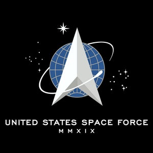 May include: A white star with a blue globe inside, surrounded by a white orbit, with a white star above the globe. The text "UNITED STATES SPACE FORCE" is below the star and globe, with the text "MMXIX" below that.