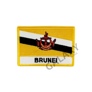 May include: A yellow, white, and black embroidered patch with the flag of Brunei. The patch has a yellow border and the words "BRUNEI" in black text.