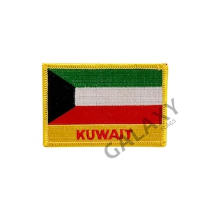 May include: A yellow embroidered patch featuring the flag of Kuwait. The flag is green, white, red and black. The patch has the word "KUWAIT" embroidered in red.