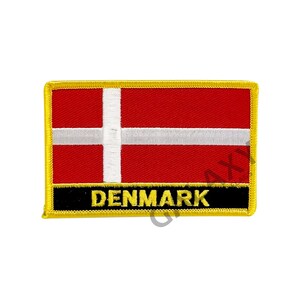May include: A red, white, and gold embroidered patch with the Danish flag and the word "DENMARK" in black.