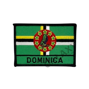 May include: Embroidered patch featuring the flag of Dominica. The flag is green, yellow, black, and white with a red circle containing a green parrot and yellow stars. The text "DOMINICA" is printed below the flag.