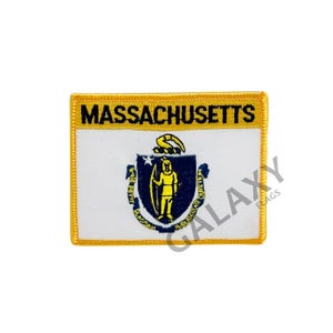 May include: A yellow embroidered patch with the state seal of Massachusetts and the text "MASSACHUSETTS" in black lettering.