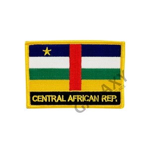 May include: Embroidered patch featuring the flag of the Central African Republic. The flag is yellow, green, white, red, blue, and yellow with a yellow star in the top left corner. The text "CENTRAL AFRICAN REP." is below the flag.