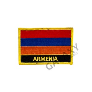 May include: A red, blue, and orange embroidered patch with a yellow border and the word "ARMENIA" in gold lettering.