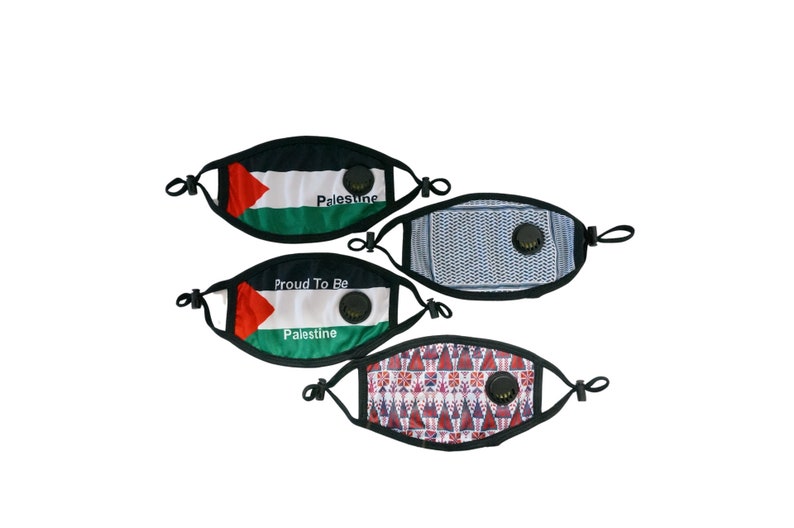 May include: Four reusable face masks with a valve. Two masks feature the Palestinian flag with the text "Palestine" and "Proud To Be Palestine". One mask has a blue and white geometric pattern. The last mask has a red, white, and blue geometric pattern.