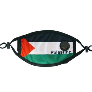May include: A black face mask with a valve, featuring the Palestinian flag and the word "Palestine" printed on it.