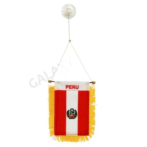 May include: A small, red, white, and yellow Peruvian flag with a fringe border. The flag is hanging from a suction cup and has the word "PERU" printed on it.