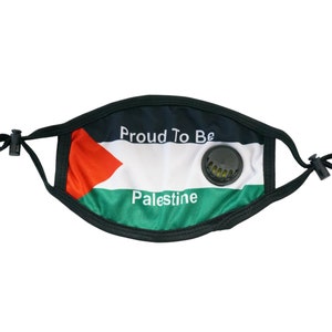 May include: Black face mask with a Palestinian flag design. The mask has a valve and adjustable ear loops. The text "Proud To Be Palestine" is printed on the mask.