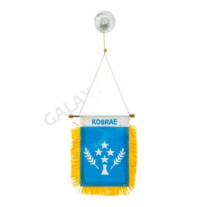 May include: A small blue flag with a white design of five stars and two branches of leaves. The flag has a yellow fringe and says "KOSRAE" on a white banner at the top.
